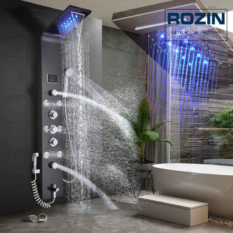 Rozin LED Shower Panel System Waterfall Rain Spa Massage