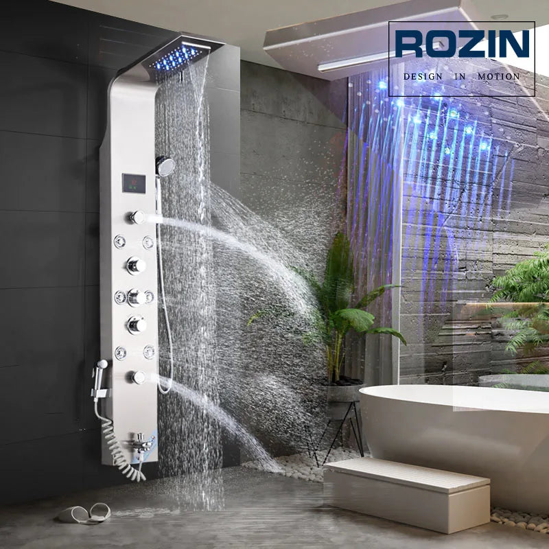 Rozin LED Shower Panel System Waterfall Rain Spa Massage