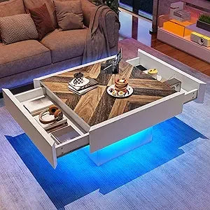 LED Living Room Coffee Table with Storage 2 Drawers, Rectangular Modern Coffee Tables for Living Room Controlled by Remote and