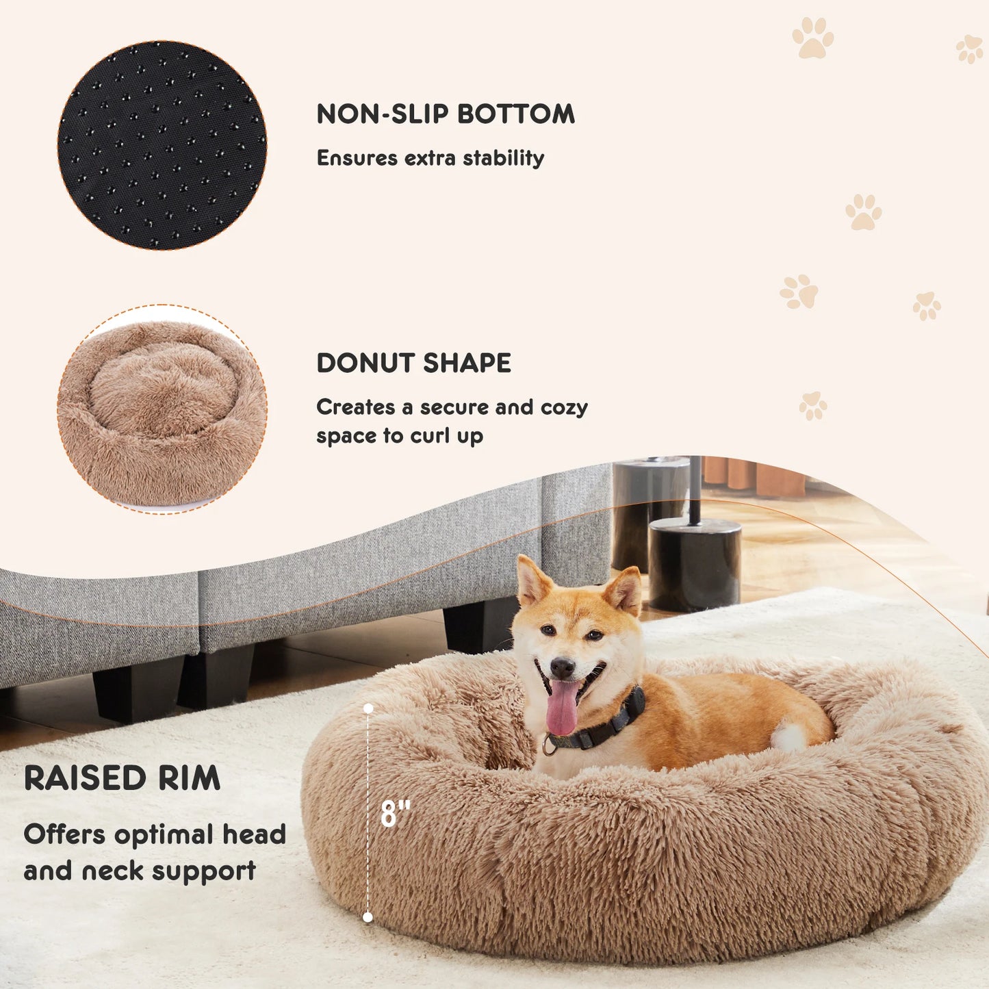 JHK Calming Anti Slip Plush Dog Bed For Pets Washable