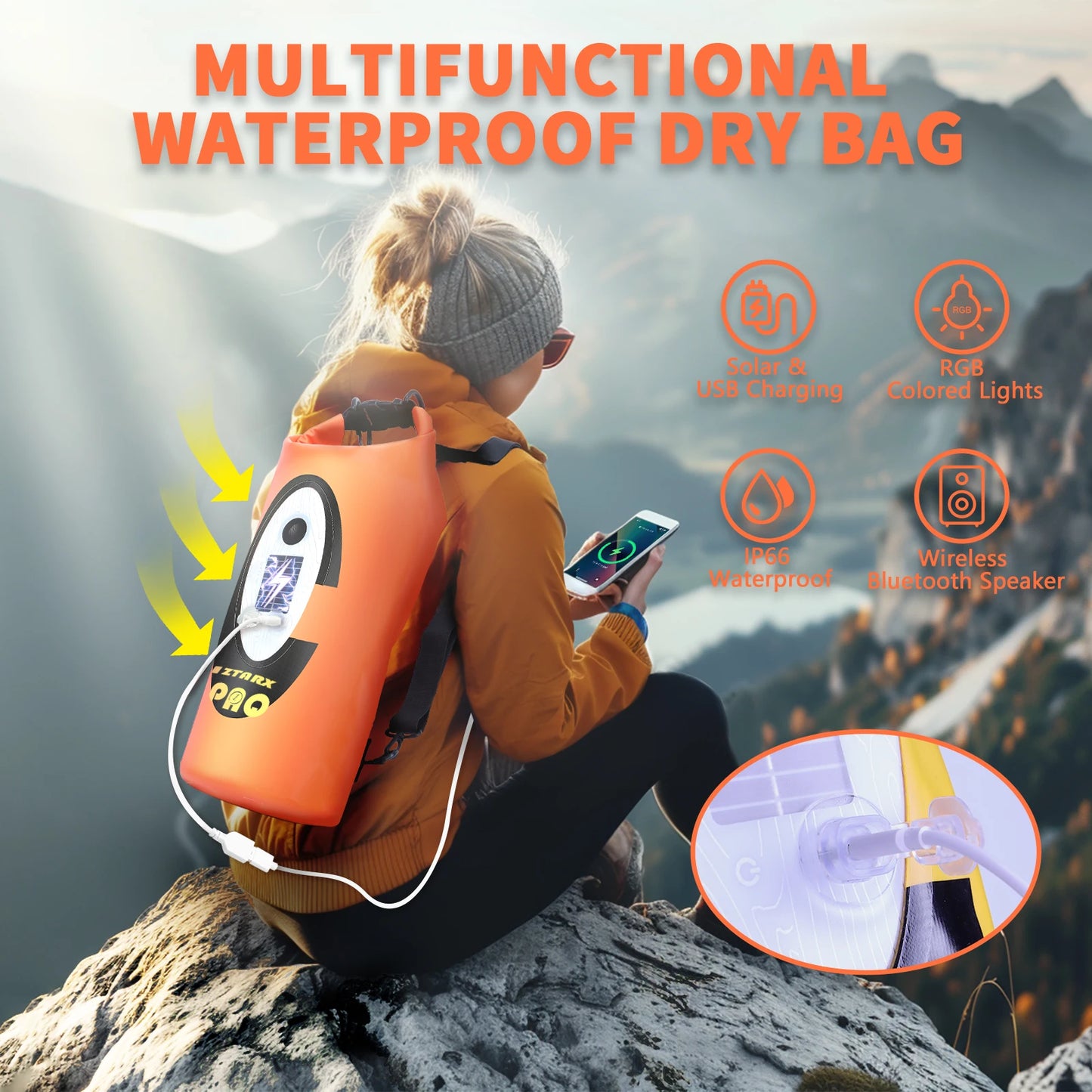 Selorss Solar Waterproof Hiking Backpack Bluetooth Speaker