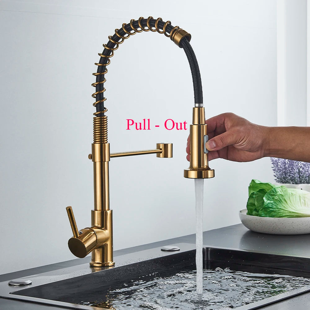 SAFLIHCAR Brushed Gold Kitchen Sink Faucet Pull-Down