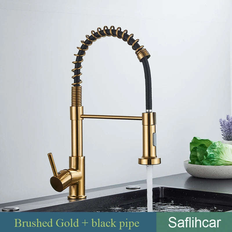 SAFLIHCAR Brushed Gold Kitchen Sink Faucet Pull-Down