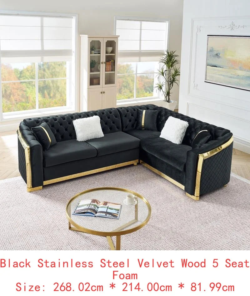 106" L-Shaped Sectional Sofa Set with Gold Accents, Velvet Button Tufted Couch with 5 Pillows, Luxury Living Room Furniture,