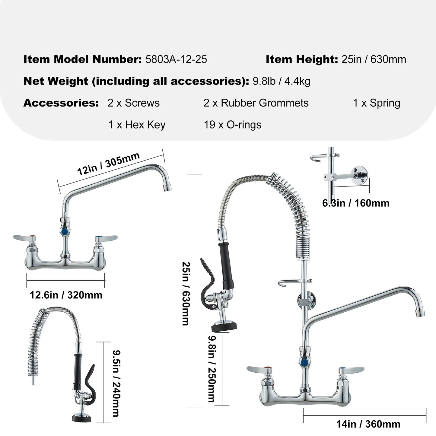 VEVOR Commercial Faucet With Pre Rinse Sprayer Wall Mount