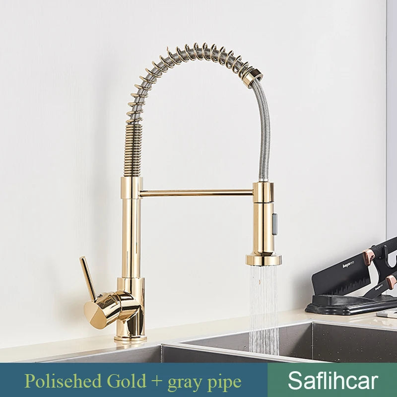 SAFLIHCAR Brushed Gold Kitchen Sink Faucet Pull-Down
