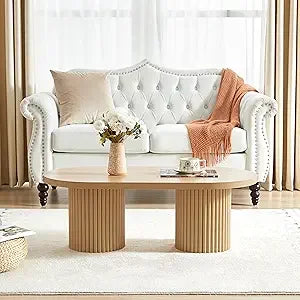 Fluted Oval Coffee Table for Living Room, Boho Modern Coffee Table with Fluted Legs, Curved Round Wood Center Table for Home, S