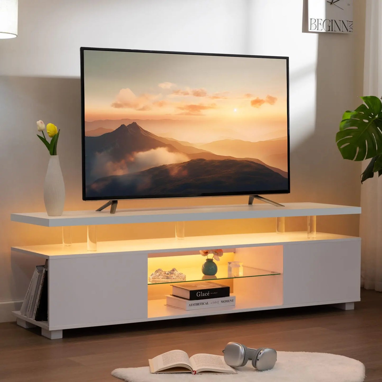 Cubehom LED TV Stand White Entertainment Center, Gaming Center for 60 65inch TV with Storage, TV Stands for Gaming Living