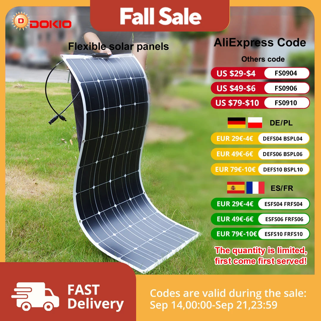 DOKIO Flexible Solar Panel Waterproof Monocrystalline 100W