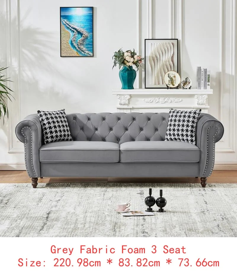 Mid Century Modern Velvet Upholstered Sofa, 2-Seater Couch with Roll Armrests & Nailhead Accent, Grey Fabric for Living Room,