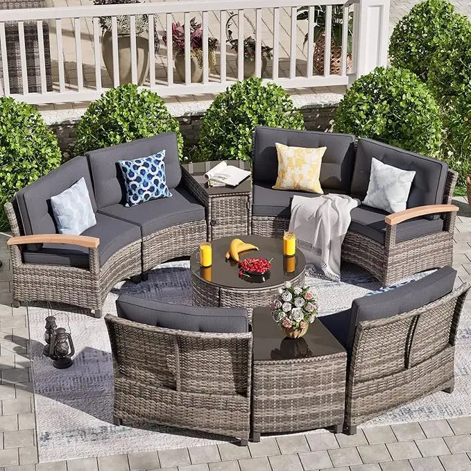 ANGDUO 9 Piece Outdoor Patio Rattan Conversation Sofa Set
