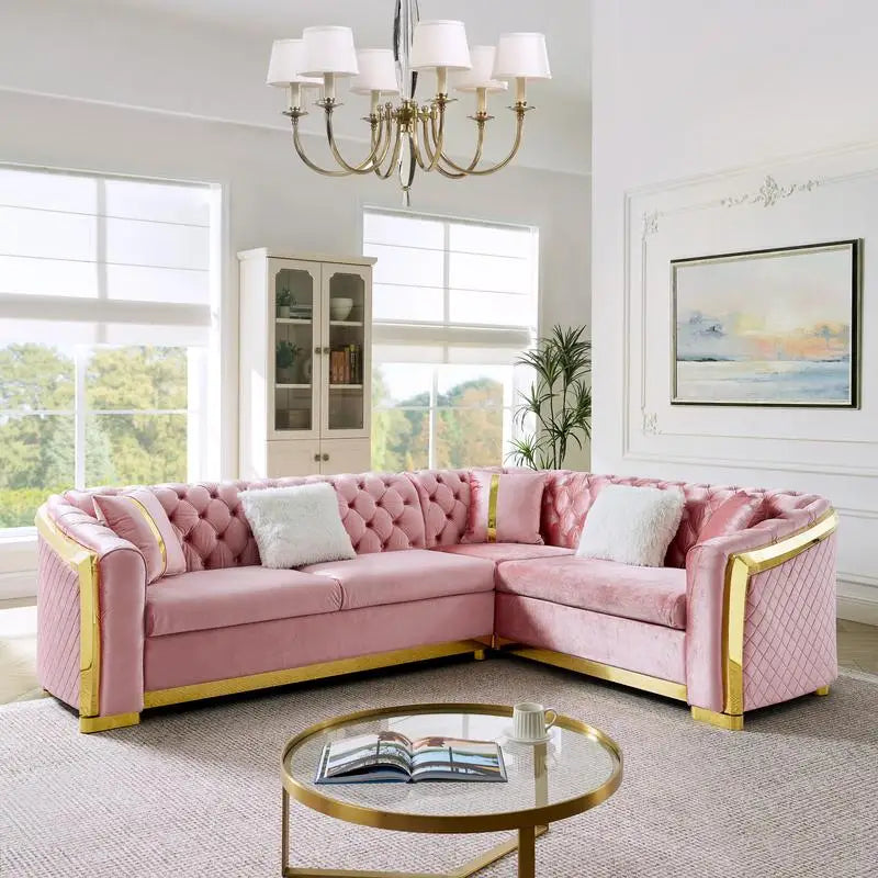 106" L-Shaped Sectional Sofa Set with Gold Accents, Velvet Button Tufted Couch with 5 Pillows, Luxury Living Room Furniture,