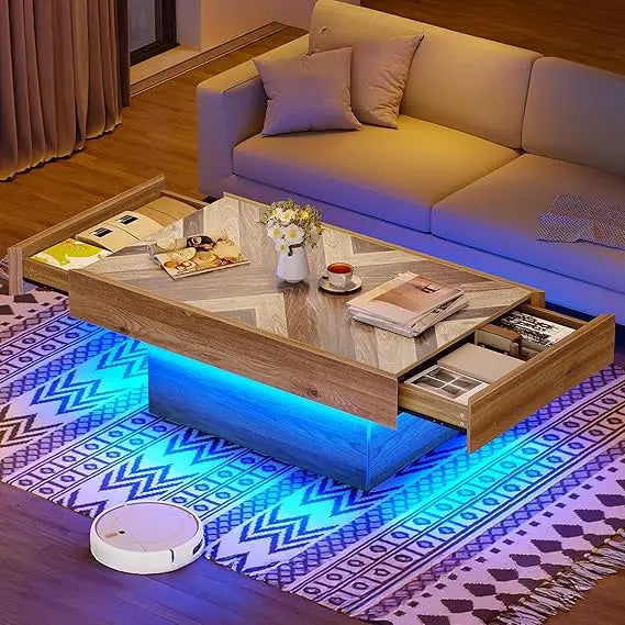 LED Living Room Coffee Table with Storage 2 Drawers, Rectangular Modern Coffee Tables for Living Room Controlled by Remote and