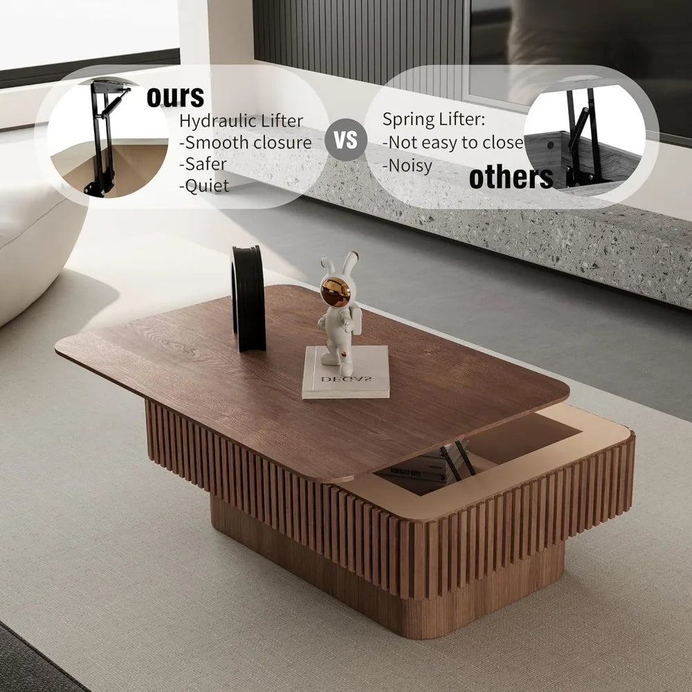 38.6" Square Lift Top Coffee Table, Modern Fluted Tea Table with Hidden Storage for Living Room, Apartment or Office, Walnut