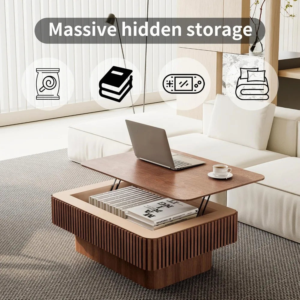 38.6" Square Lift Top Coffee Table, Modern Fluted Tea Table with Hidden Storage for Living Room, Apartment or Office, Walnut