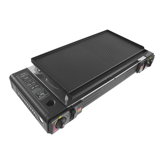 2 Burner Camping Butane Stove With Grill Pan For Cooking