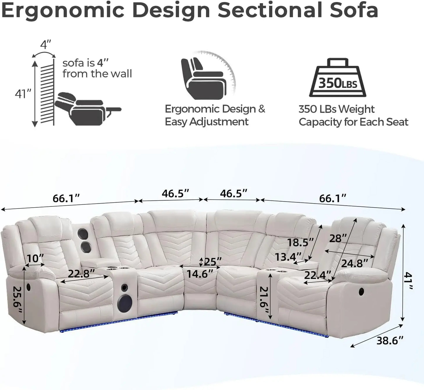 Todrani Electric Power Recliner Sectional Sofa Speakers