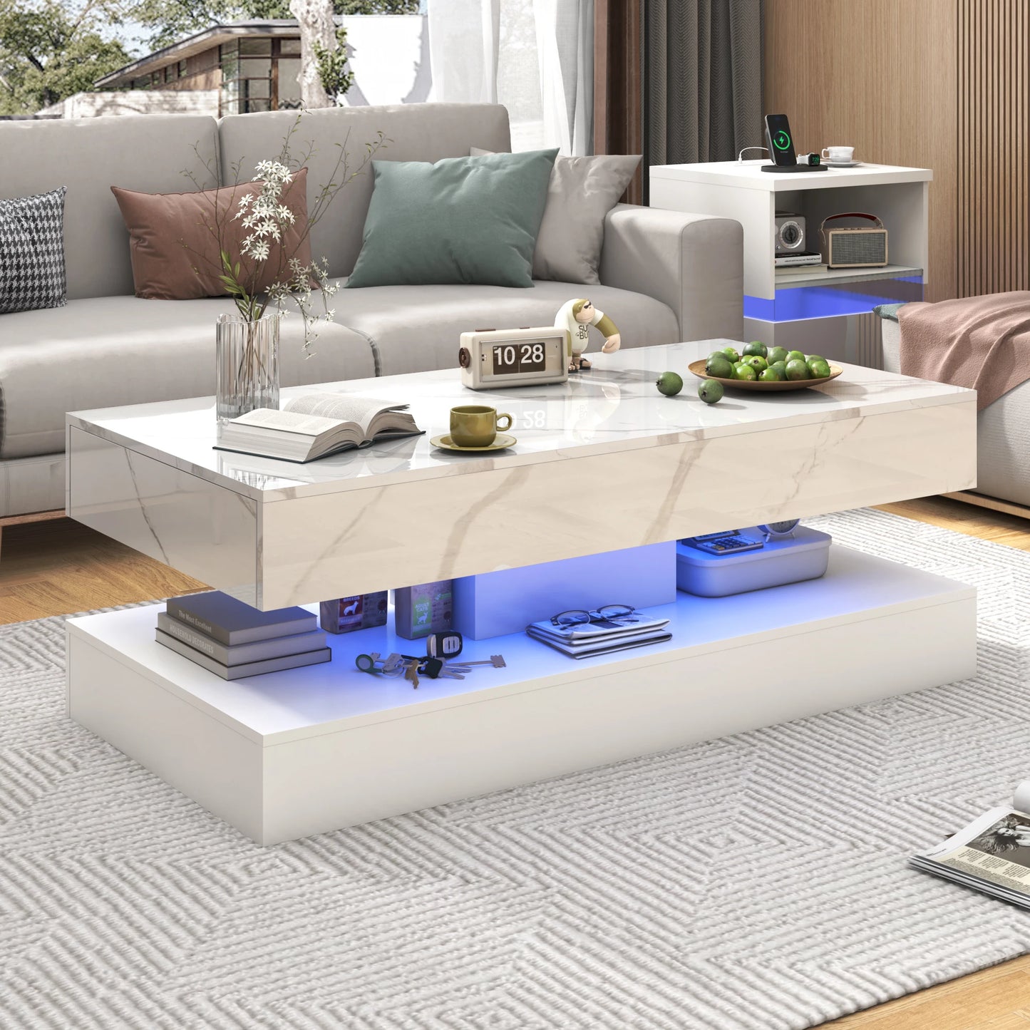 QiaoShiRen Modern LED Coffee Table With Storage Drawers