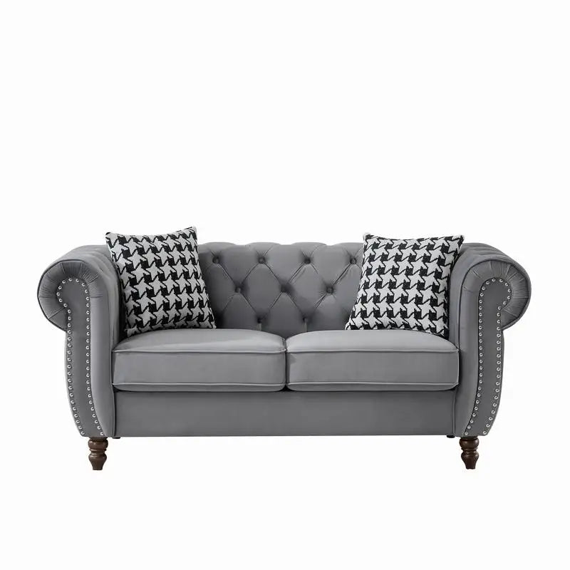 Mid Century Modern Velvet Upholstered Sofa, 2-Seater Couch with Roll Armrests & Nailhead Accent, Grey Fabric for Living Room,