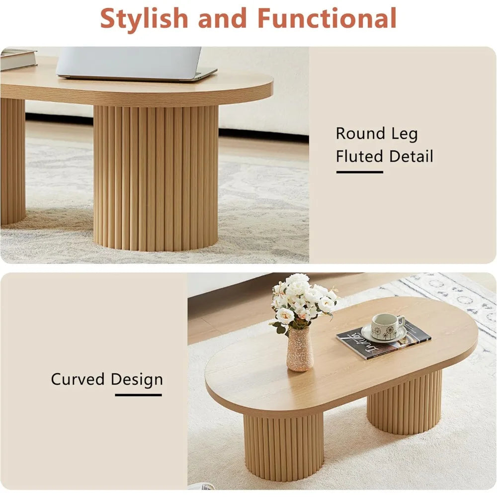 Fluted Oval Coffee Table for Living Room, Boho Modern Coffee Table with Fluted Legs, Curved Round Wood Center Table for Home, S