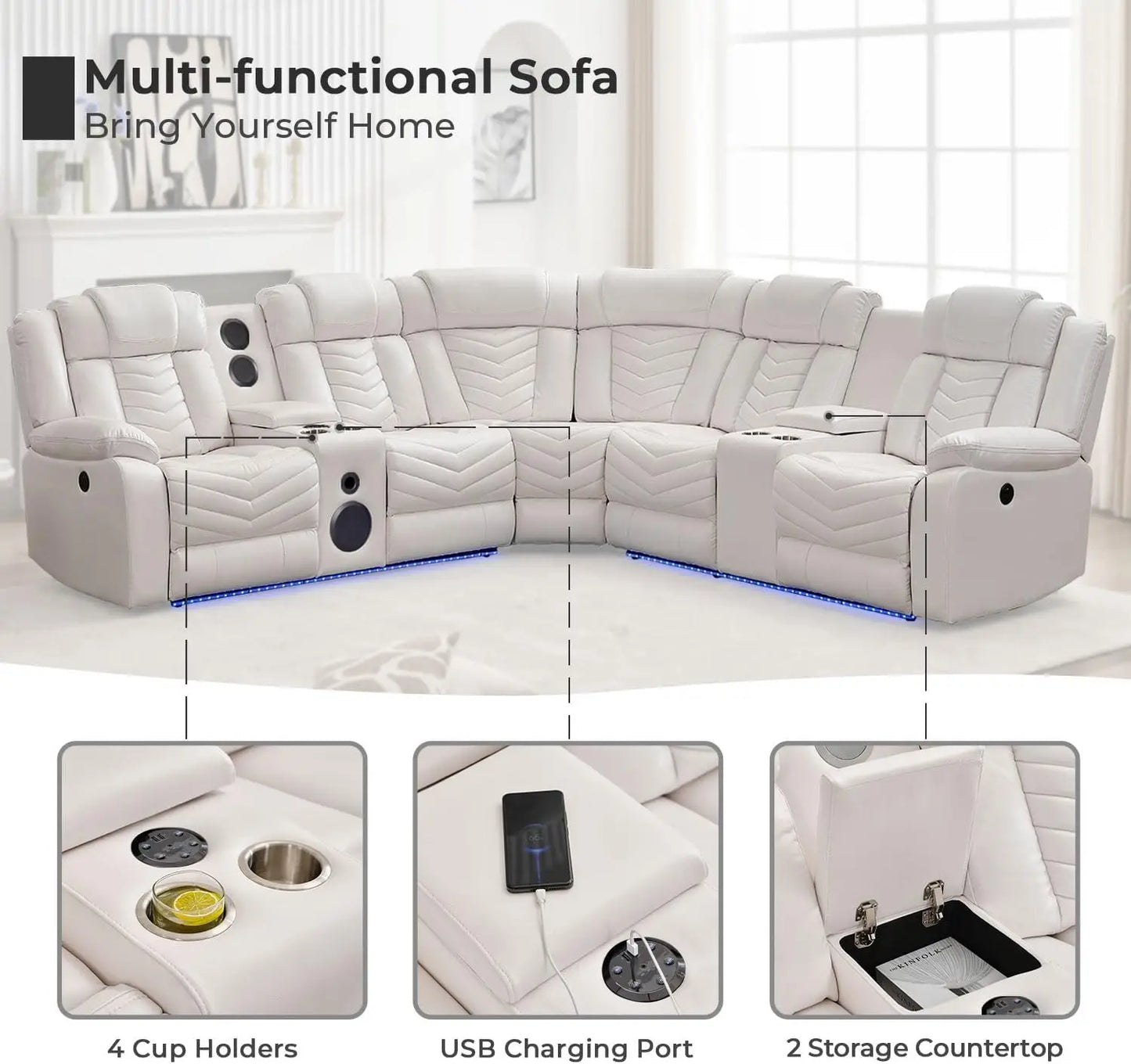 Todrani Electric Power Recliner Sectional Sofa Speakers