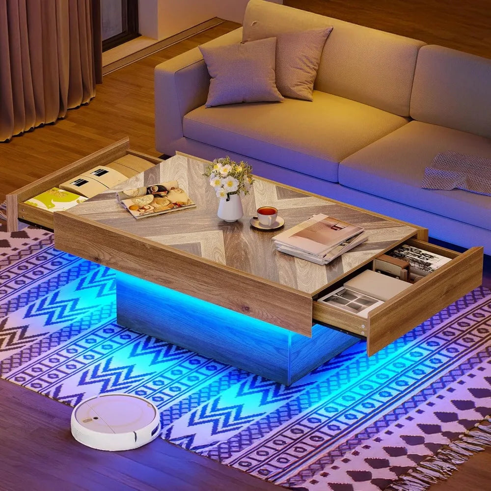LED Living Room Coffee Table with Storage 2 Drawers, Rectangular Modern Coffee Tables for Living Room Controlled by Remote and