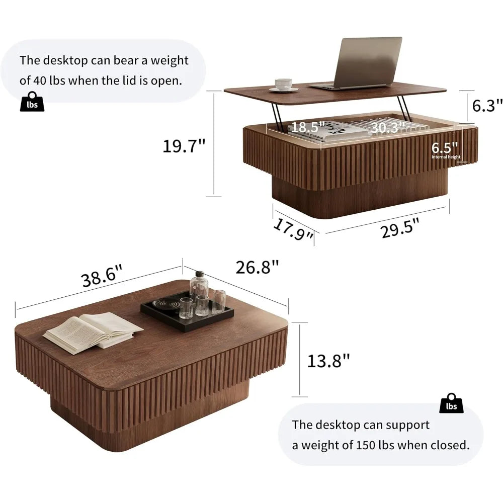 38.6" Square Lift Top Coffee Table, Modern Fluted Tea Table with Hidden Storage for Living Room, Apartment or Office, Walnut