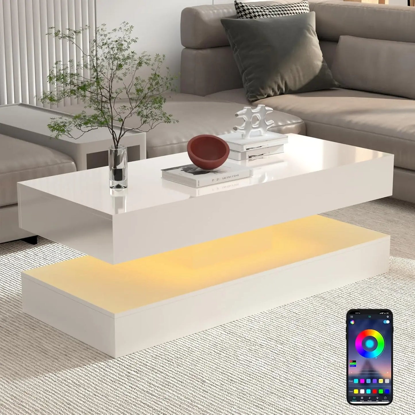 QiaoShiRen Modern LED Coffee Table With Storage Drawers