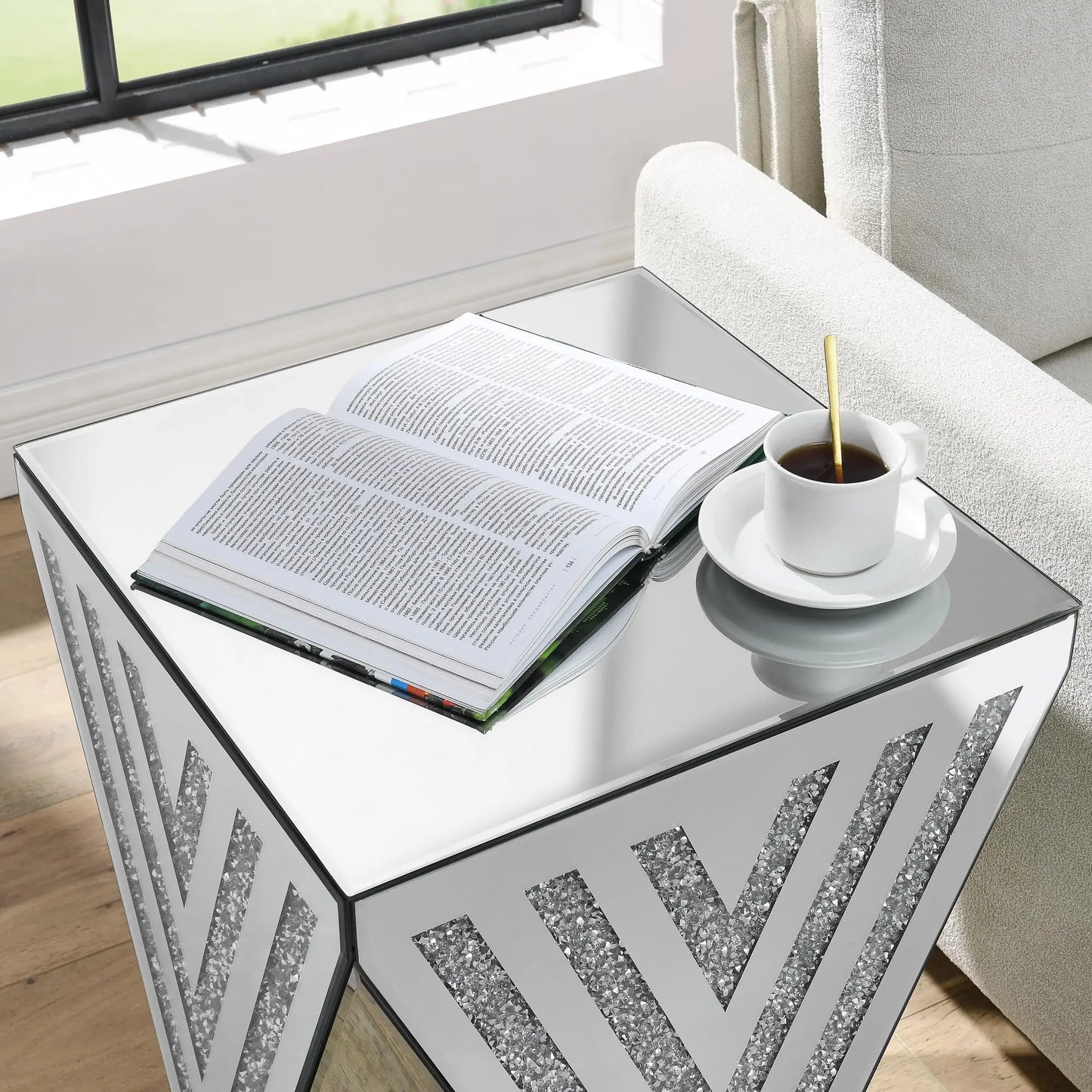 Silver Mirrored End Table, Crystal Inlay Side Table Accent Table, Small Mirrored Coffee Table for Living Room, Sofa, Bed