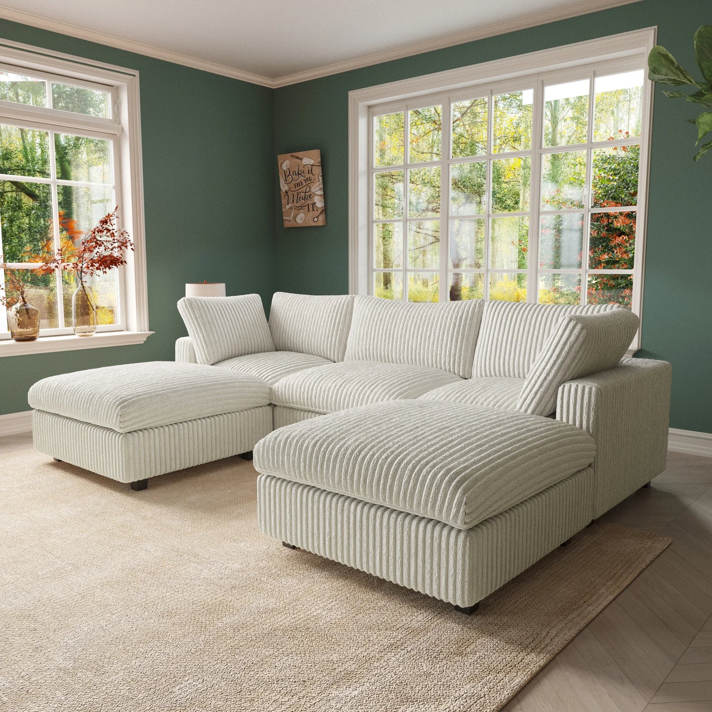 Sdorens U Shaped Plush Fabric Sectional Sofa With Ottomans