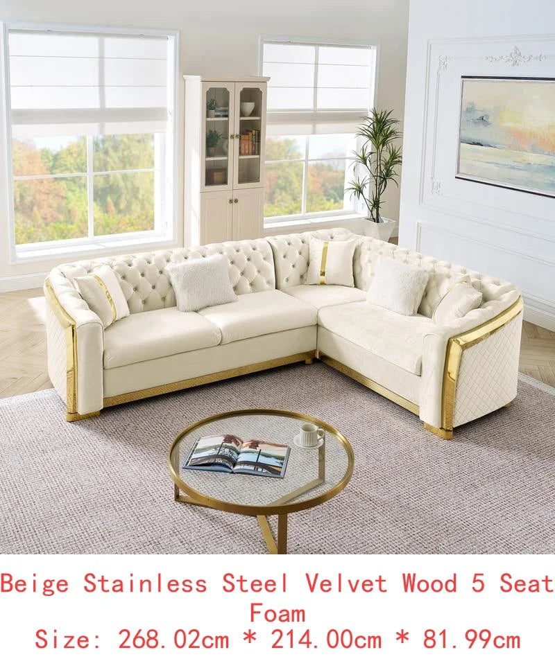 106" L-Shaped Sectional Sofa Set with Gold Accents, Velvet Button Tufted Couch with 5 Pillows, Luxury Living Room Furniture,