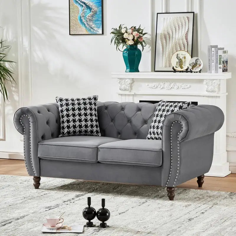 Mid Century Modern Velvet Upholstered Sofa, 2-Seater Couch with Roll Armrests & Nailhead Accent, Grey Fabric for Living Room,