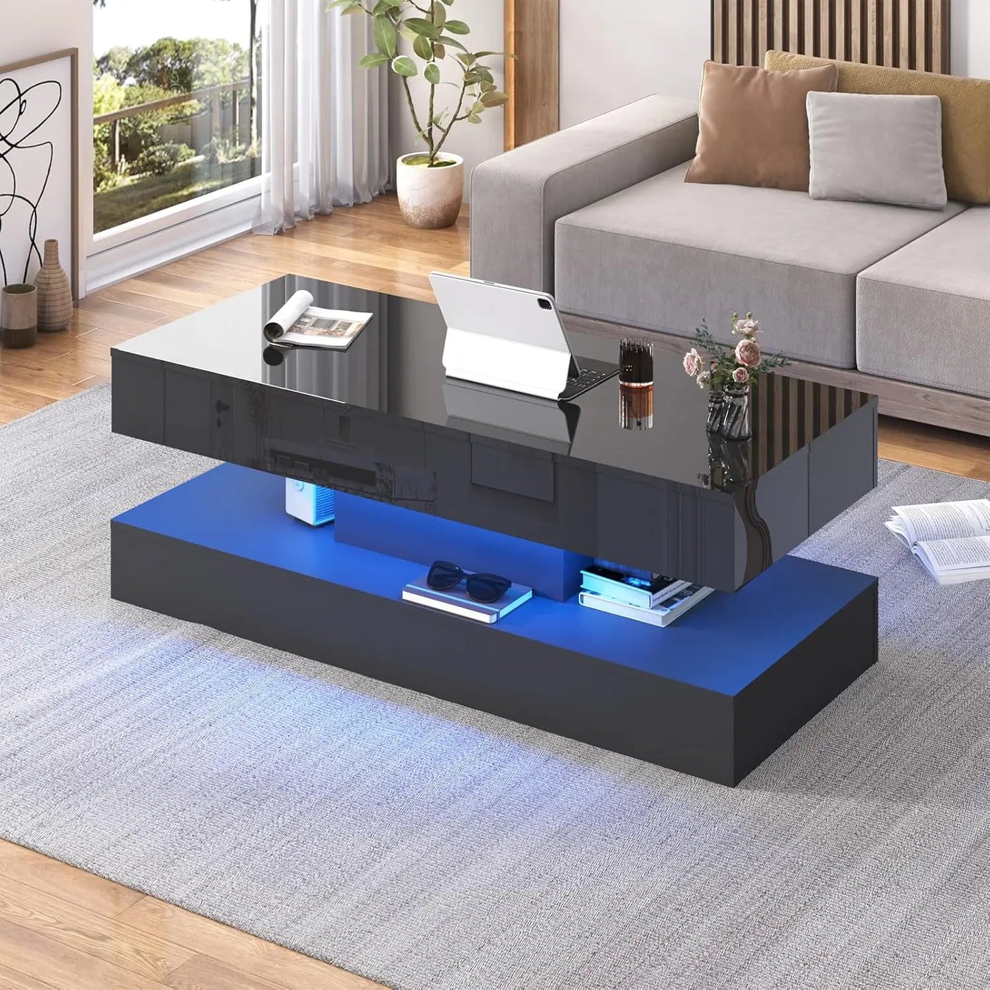 QiaoShiRen Modern LED Coffee Table With Storage Drawers
