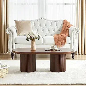 Fluted Oval Coffee Table for Living Room, Boho Modern Coffee Table with Fluted Legs, Curved Round Wood Center Table for Home, S
