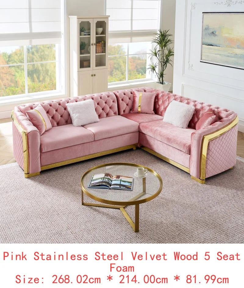 106" L-Shaped Sectional Sofa Set with Gold Accents, Velvet Button Tufted Couch with 5 Pillows, Luxury Living Room Furniture,