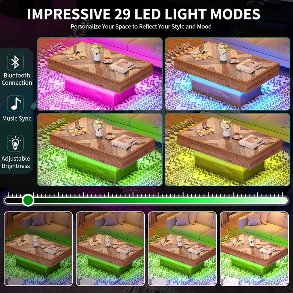 LED Living Room Coffee Table with Storage 2 Drawers, Rectangular Modern Coffee Tables for Living Room Controlled by Remote and