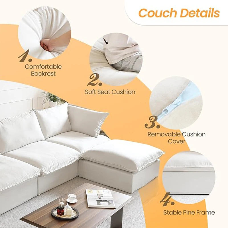 L Shape Corner Sectional Couch  Breathable Linen Cloud Couches Down Fill Convertible Modular Sectional Sofas for Living Room