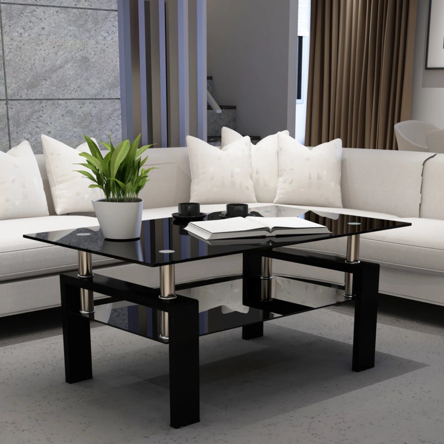 Rectangle Black Glass Coffee Table, Clear Coffee Table，Modern Side Center Tables for Living Room， Living Room Furniture