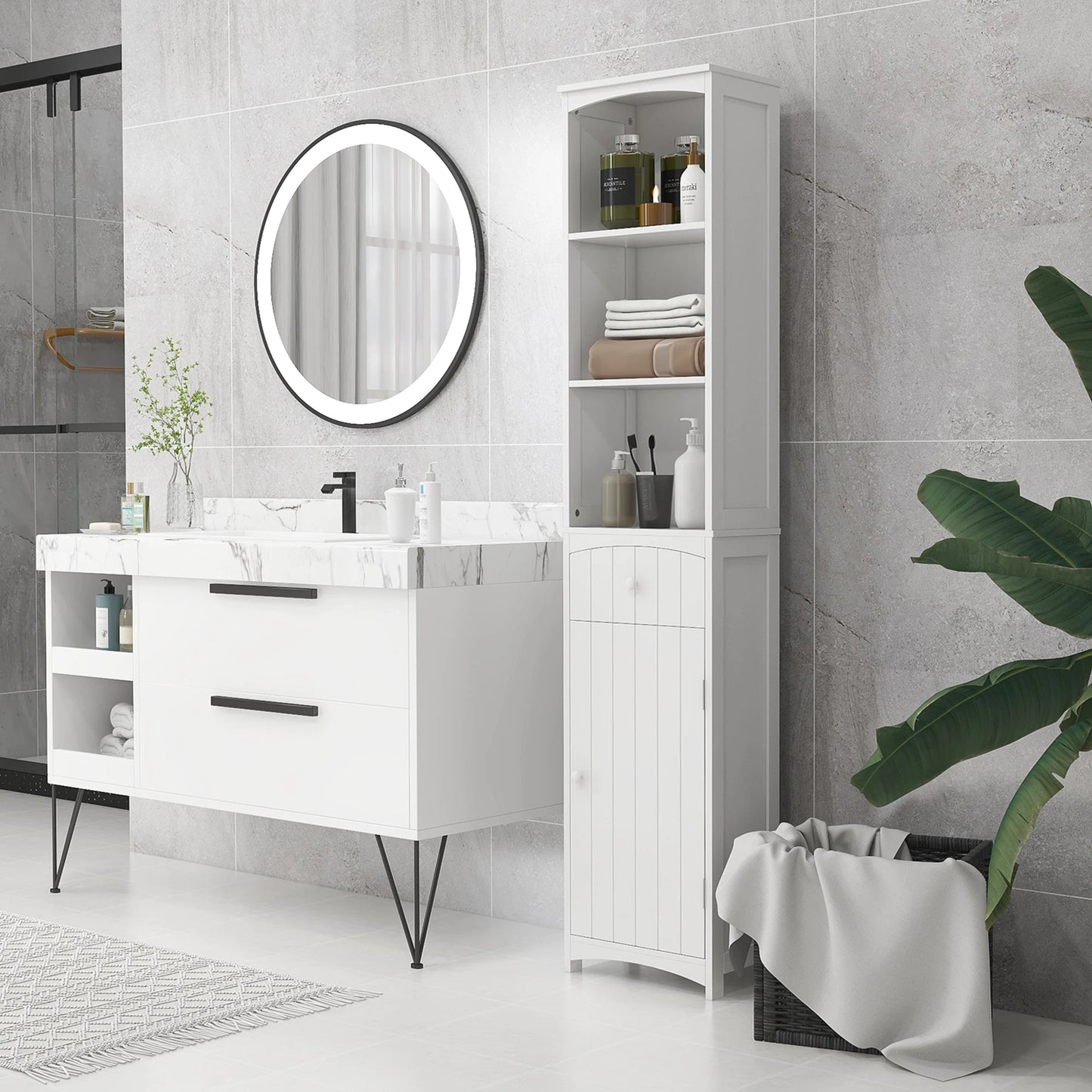 HOMCOM Tall Linen Tower Bathroom Storage Cabinet Unit