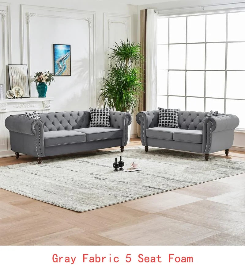 Mid Century Modern Velvet Upholstered Sofa, 2-Seater Couch with Roll Armrests & Nailhead Accent, Grey Fabric for Living Room,