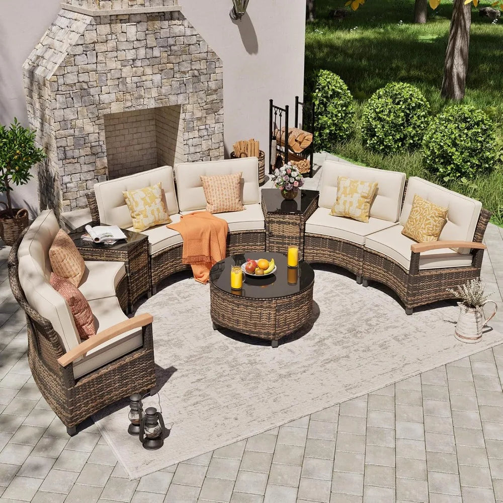 ANGDUO 9 Piece Outdoor Patio Rattan Conversation Sofa Set