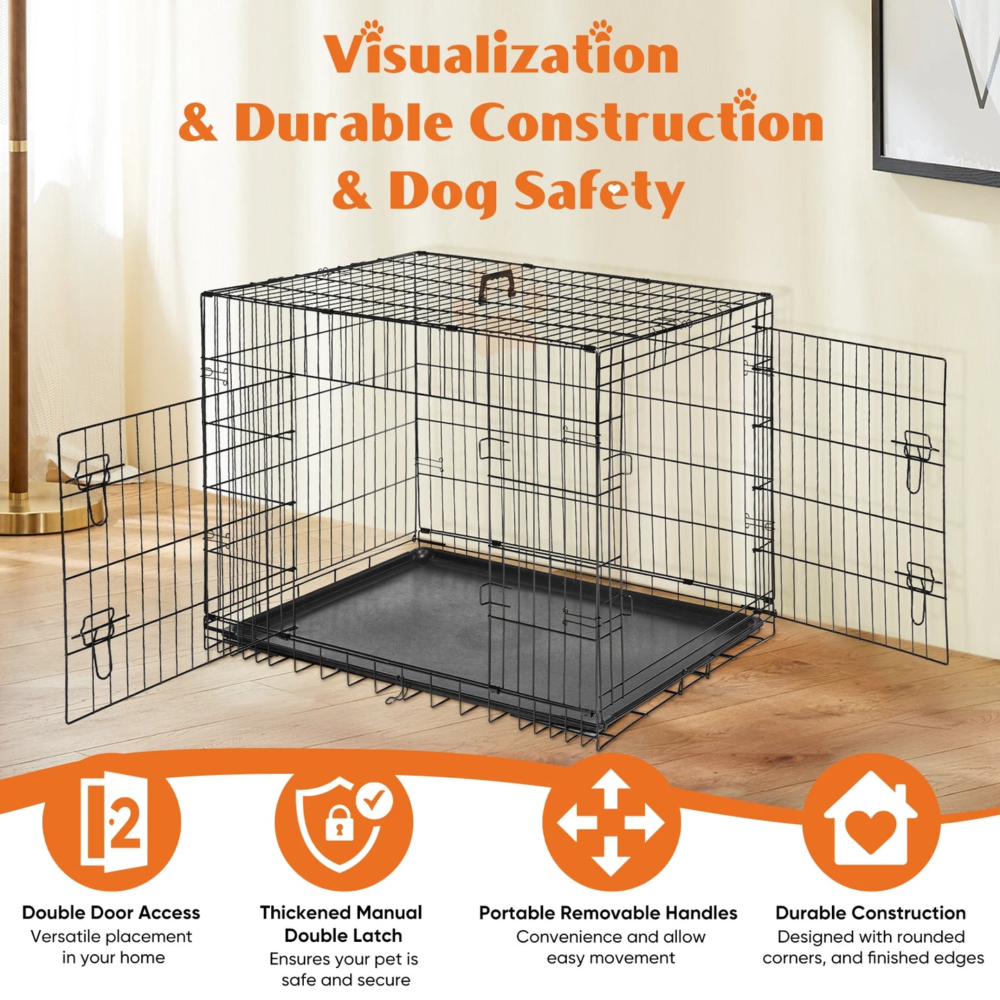 JHK Double Door Folding Metal Wire Dog Cage Leakproof Pan