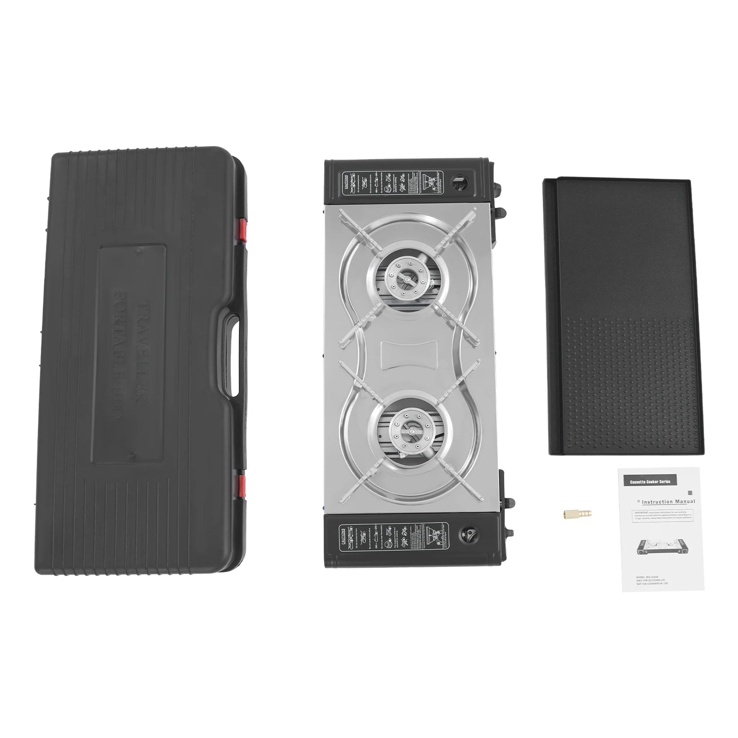 2 Burner Camping Butane Stove With Grill Pan For Cooking