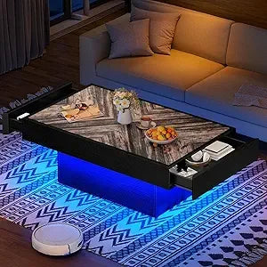 LED Living Room Coffee Table with Storage 2 Drawers, Rectangular Modern Coffee Tables for Living Room Controlled by Remote and
