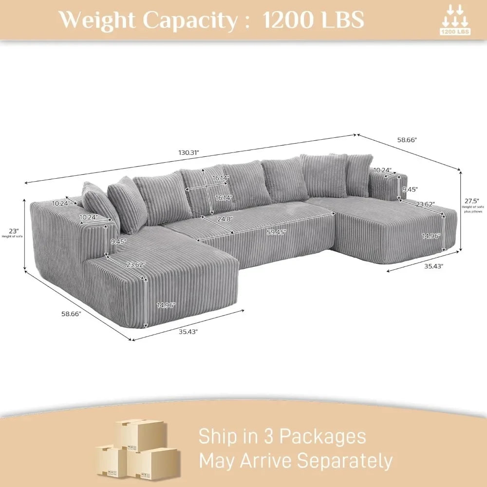 Modular Sectional Sofa in Corduroy with Memory Foam for Living Room, Modern Deep Seating