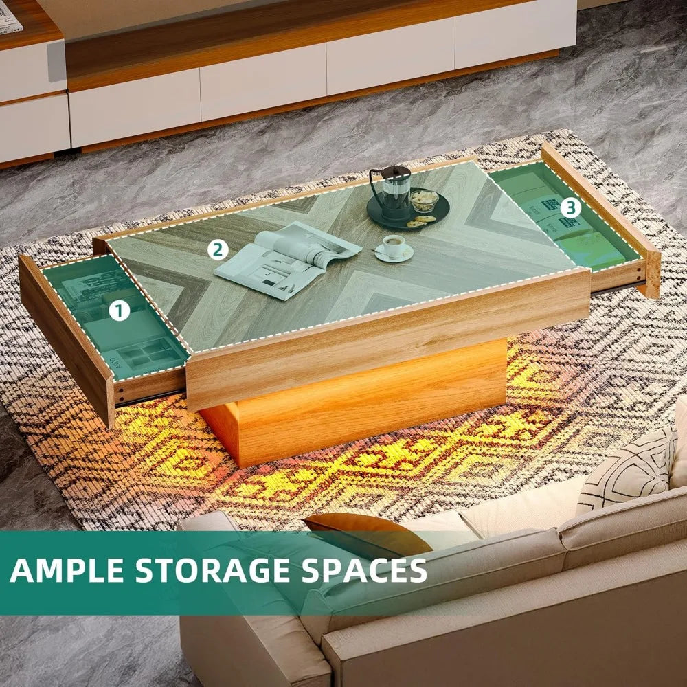 LED Living Room Coffee Table with Storage 2 Drawers, Rectangular Modern Coffee Tables for Living Room Controlled by Remote and