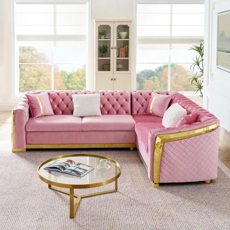 106" L-Shaped Sectional Sofa Set with Gold Accents, Velvet Button Tufted Couch with 5 Pillows, Luxury Living Room Furniture,