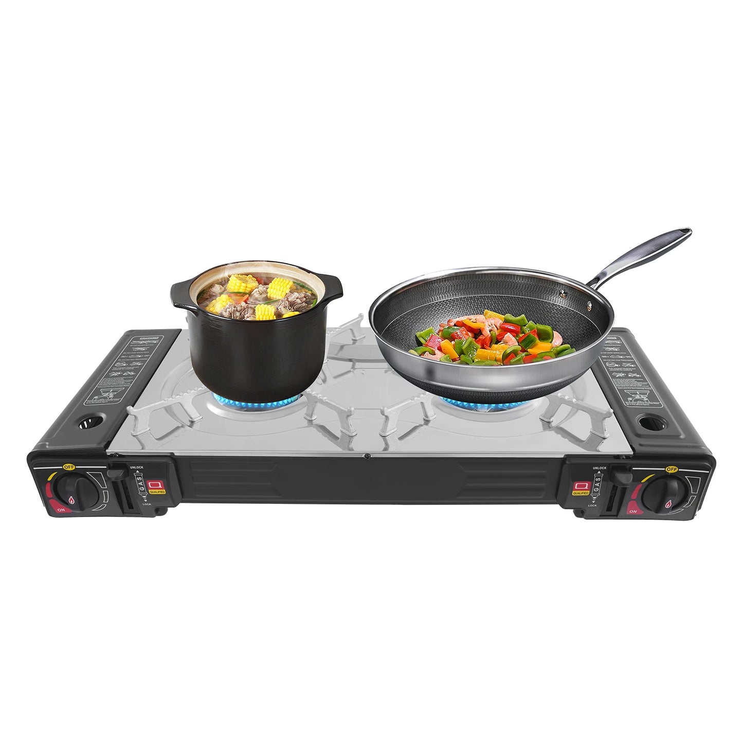2 Burner Camping Butane Stove With Grill Pan For Cooking