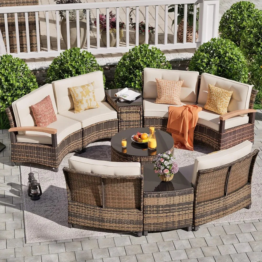 ANGDUO 9 Piece Outdoor Patio Rattan Conversation Sofa Set