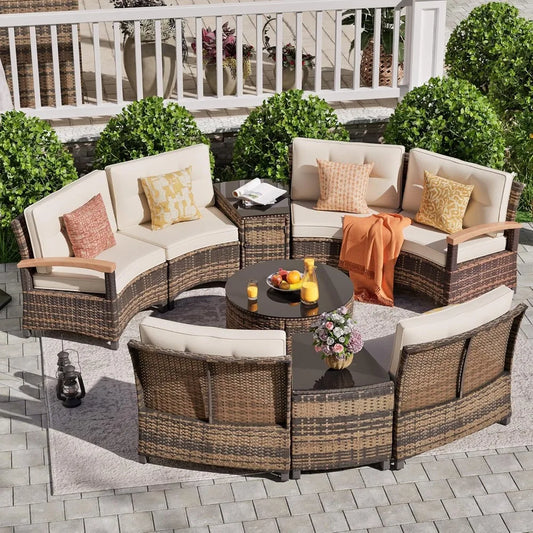 ANGDUO 9 Piece Outdoor Patio Rattan Conversation Sofa Set